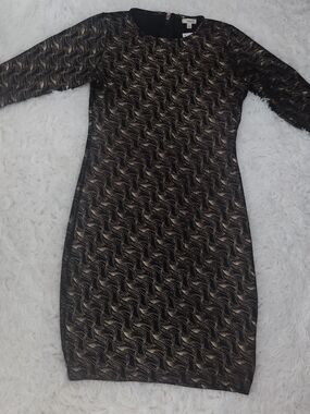 Haani Black Dress with Gold Wave Pattern - Long Sleeve (New With tag)